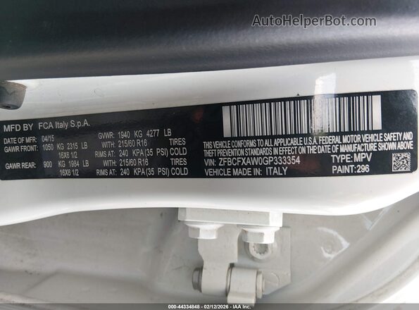 ZFBCFXAW0GP333354 2016 FIAT 500X White ძრავის განყოფილების ხედი