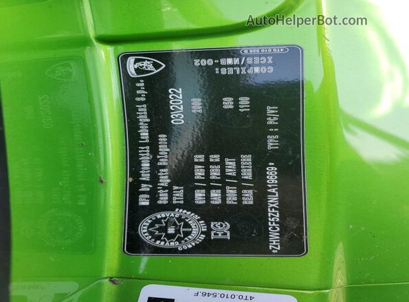 ZHWCF5ZFXNLA19669 2022 LAMBORGHINI HURACAN Green VIN კოდის სტიკერის ხედი