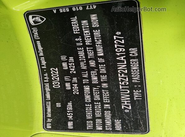 ZHWUT5ZF2NLA19727 2022 LAMBORGHINI HURACAN Green Engine compartment view