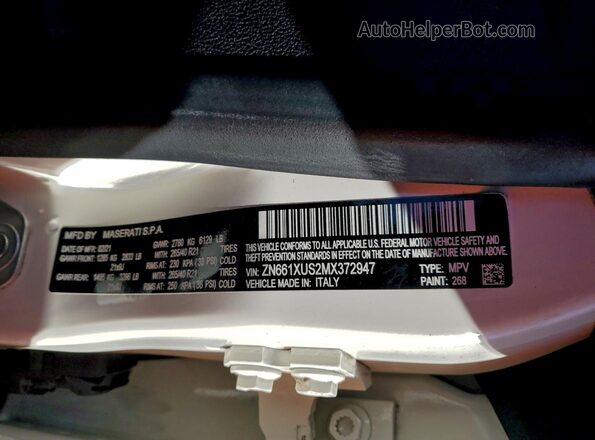 ZN661XUS2MX372947 2021 MASERATI LEVANTE White VIN sticker view