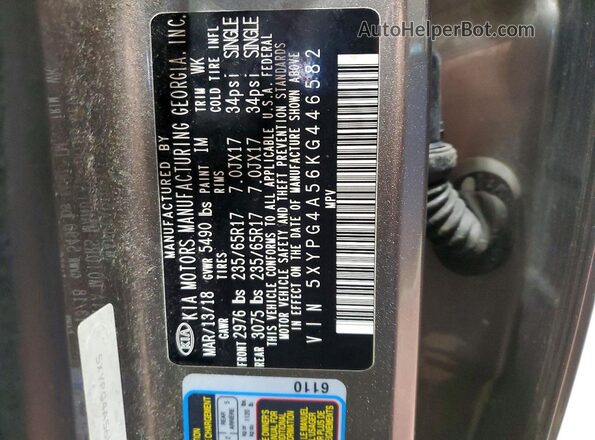 5XYPG4A56KG446582 2019 KIA SORENTO Silver 