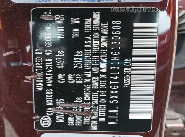 5XXGT4L31HG130608 2017 KIA OPTIMA Burgundy 