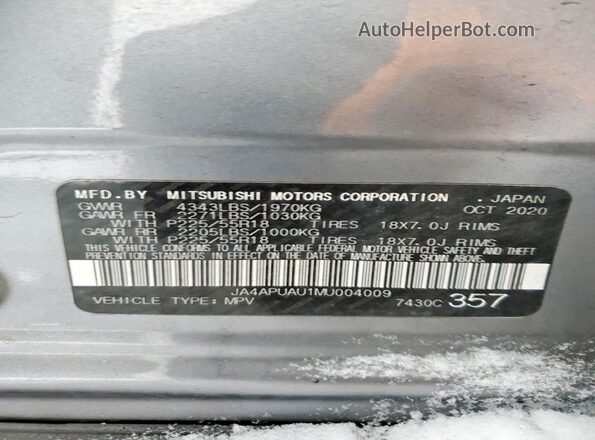JA4APUAU1MU004009 2021 MITSUBISHI OUTLANDER Gray 