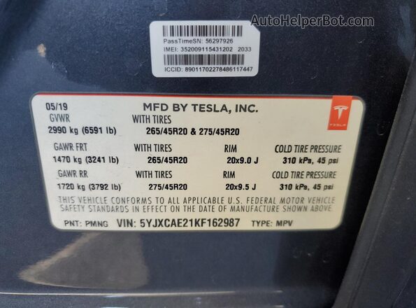 5YJXCAE21KF162987 2019 TESLA MODEL X Gray 