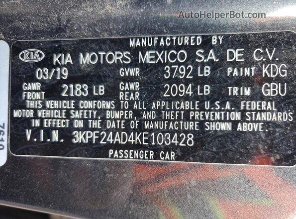 3KPF24AD4KE103428 2019 KIA FORTE Gray 