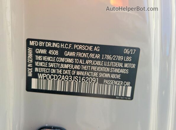 WP0CD2A93JS162091 2018 PORSCHE 911 Gray VIN კოდის სტიკერის ხედი
