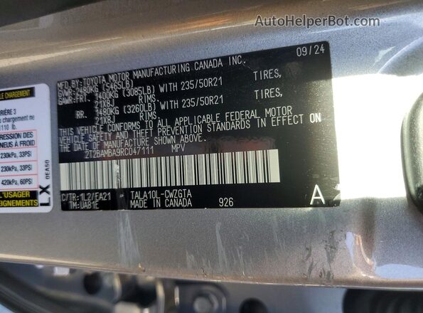 2T2BAMBA9RC047111 2024 LEXUS RX Silver Widok wnętrza 360 stopni
