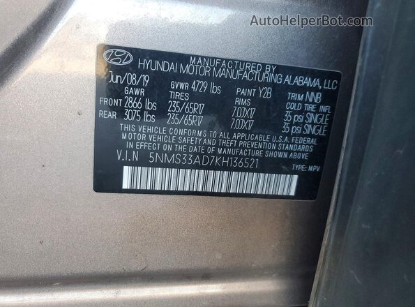 5NMS33AD7KH136521 2019 HYUNDAI SANTA Brown 