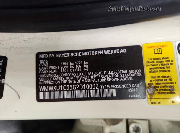 WMWXU1C55G2D10062 2016 MINI COOPER White Вид наклейки з VIN-кодом