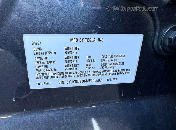 5YJYGDED6MF106087 2021 TESLA MODEL Gray Вид задньої частини салону
