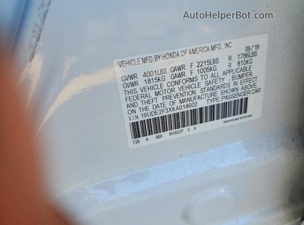 19UDE2F3XKA014602 2019 ACURA ILX Белый 