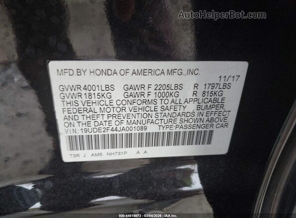 19UDE2F44JA001089 2018 ACURA ILX Black Vista del compartimento del motor