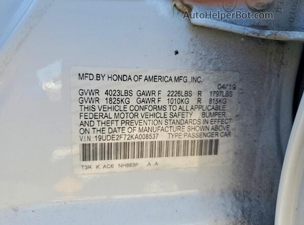 19UDE2F72KA008537 2019 ACURA ILX White Widok komory silnika