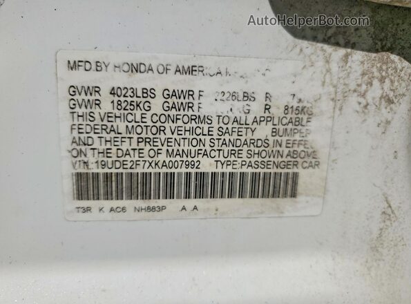 19UDE2F7XKA007992 2019 ACURA ILX Белый Вид подкапотного пространства