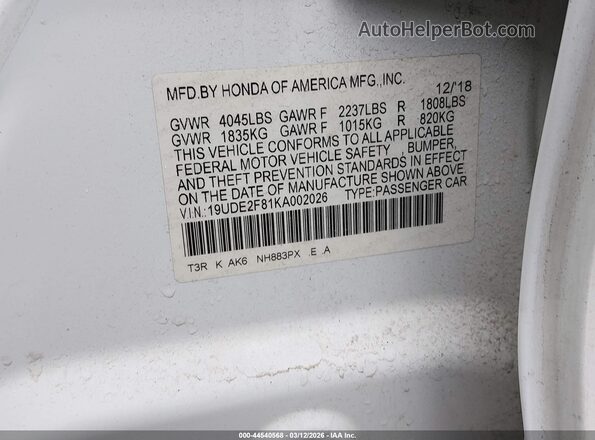 19UDE2F81KA002026 2019 ACURA ILX White Вид підкапотного простору