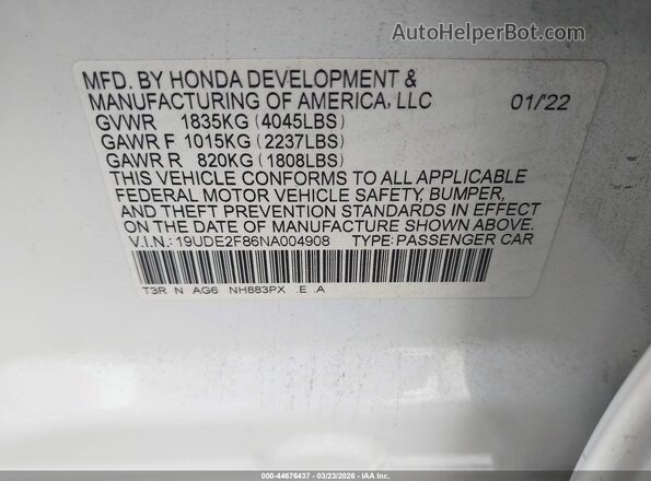 19UDE2F86NA004908 2022 ACURA ILX Белый Вид подкапотного пространства