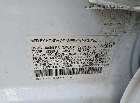 19UDE2F89KA010262 2019 ACURA ILX Белый Вид подкапотного пространства