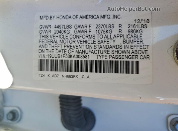 19UUB1F53KA008581 2019 ACURA TLX White 