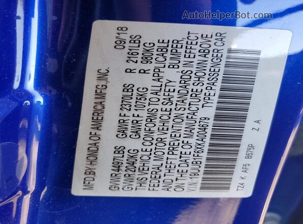 19UUB1F6XKA004679 2019 ACURA TLX Blue 
