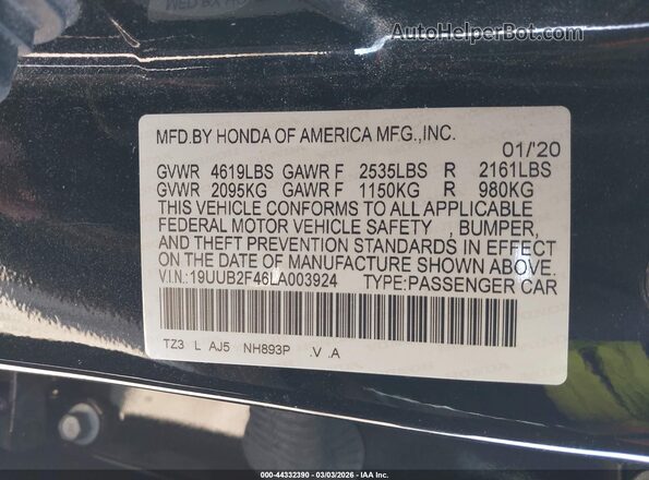 19UUB2F46LA003924 2020 ACURA TLX Black Engine compartment view