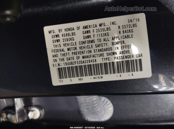 19UUB2F52GA009458 2016 ACURA TLX Gray ძრავის განყოფილების ხედი