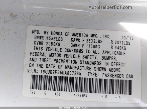 19UUB2F55GA007395 2016 ACURA TLX Белый Вид подкапотного пространства
