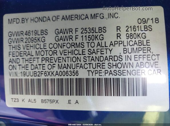 19UUB2F6XKA006356 2019 ACURA TLX Blue 