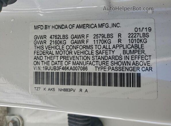 19UUB3F46KA007086 2019 ACURA TLX Белый 