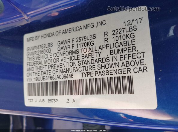 19UUB3F65JA006446 2018 ACURA TLX Blue Vista del compartimento del motor