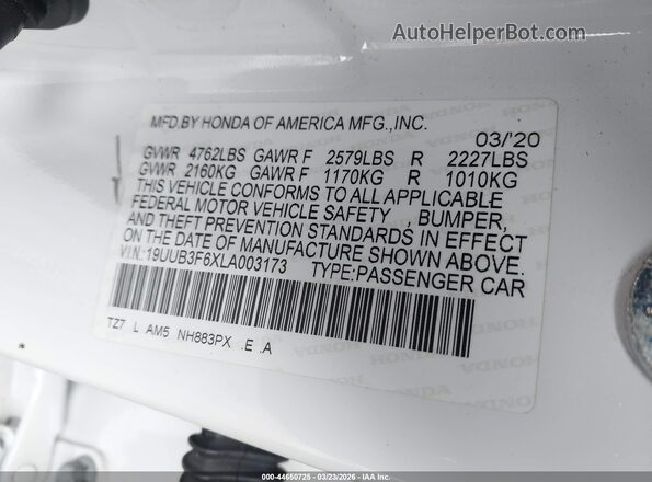 19UUB3F6XLA003173 2020 ACURA TLX White Vista del compartimento del motor