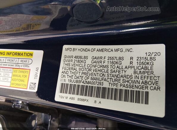19UUB5F42MA007293 2021 ACURA TLX Синий Вид подкапотного пространства