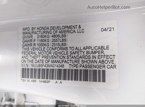 19UUB5F43MA014348 2021 ACURA TLX White ძრავის განყოფილების ხედი