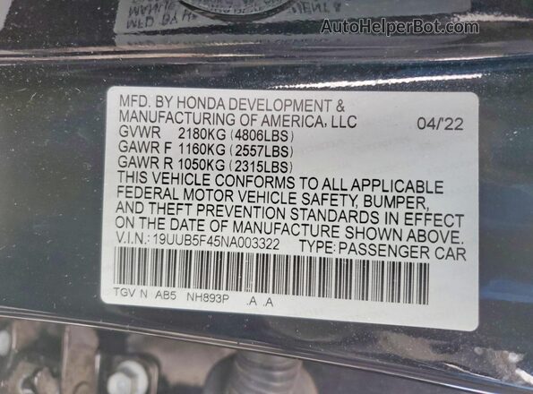 19UUB5F45NA003322 2022 ACURA TLX Black Շարժիչի բաժամունքի տեսք