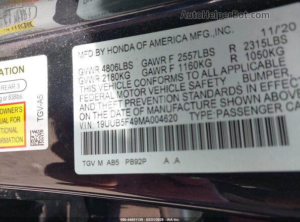19UUB5F49MA004620 2021 ACURA TLX Black Widok komory silnika