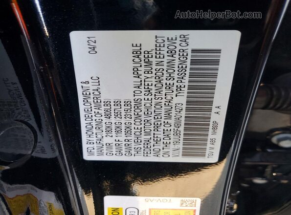 19UUB5F49MA014273 2021 ACURA TLX Black VIN կոդի պիտակի տեսք
