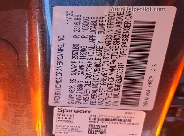 19UUB5F52MA005147 2021 ACURA TLX Gray VIN կոդի պիտակի տեսք