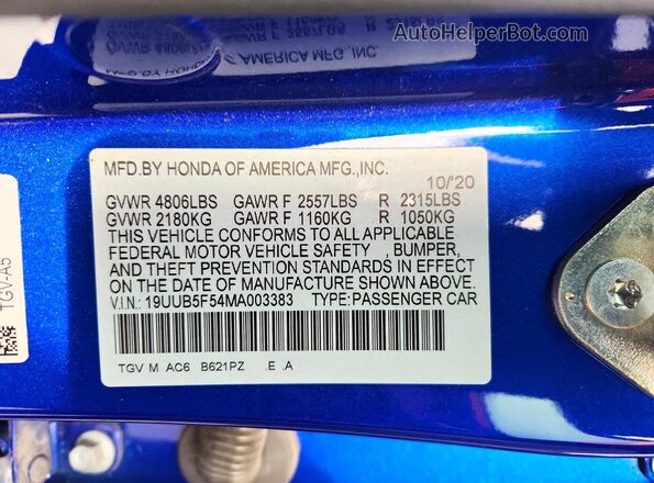 19UUB5F54MA003383 2021 ACURA TLX Blue 