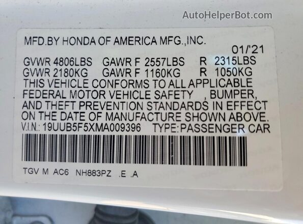 19UUB5F5XMA009396 2021 ACURA TLX White Вид підкапотного простору
