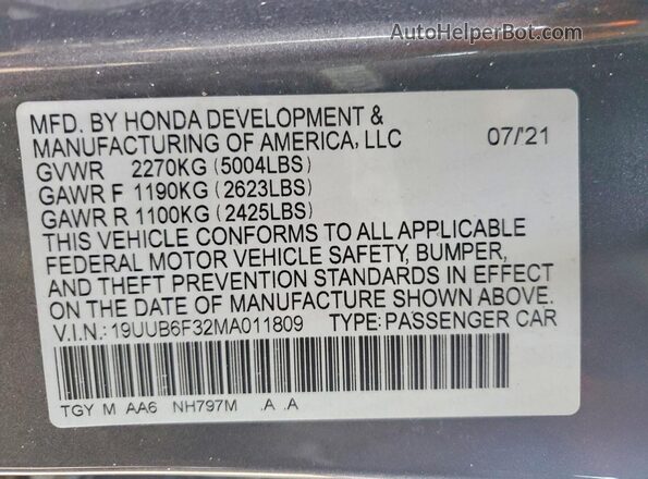 19UUB6F32MA011809 2021 ACURA TLX Gray VIN კოდის სტიკერის ხედი