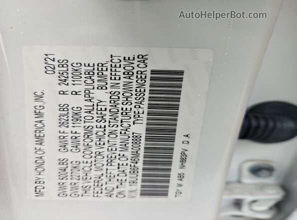 19UUB6F46MA008887 2021 ACURA TLX White Вид наклейки з VIN-кодом