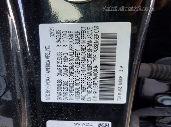 19UUB6F51MA008434 2021 ACURA TLX Black ძრავის განყოფილების ხედი