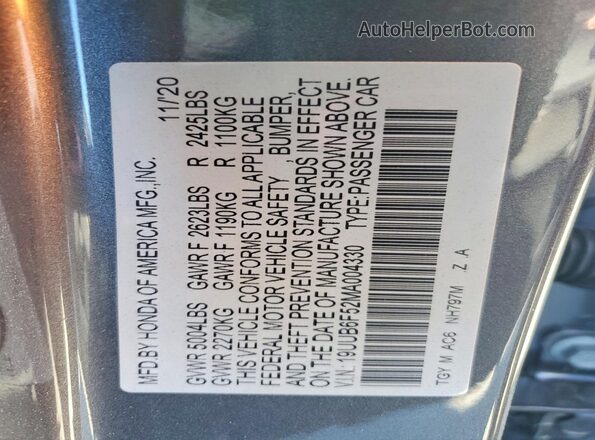 19UUB6F52MA004330 2021 ACURA TLX Gray VIN კოდის სტიკერის ხედი