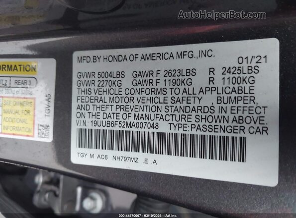 19UUB6F52MA007048 2021 ACURA TLX Серый Вид подкапотного пространства
