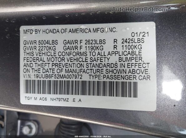19UUB6F52MA007972 2021 ACURA TLX Gray Engine compartment view