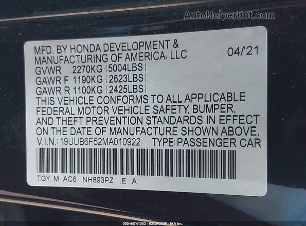 19UUB6F52MA010922 2021 ACURA TLX Black Widok komory silnika