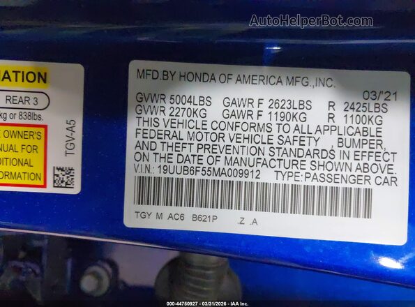 19UUB6F55MA009912 2021 ACURA TLX Blue ძრავის განყოფილების ხედი