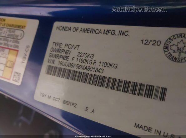 19UUB6F56MA801843 2021 ACURA TLX Blue Widok komory silnika