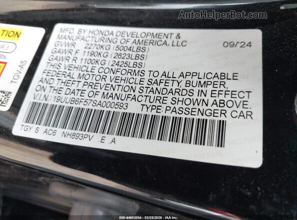19UUB6F57SA000593 2025 ACURA TLX Black Շարժիչի բաժամունքի տեսք