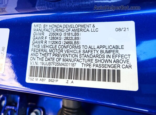19UUB7F05MA001187 2021 ACURA TLX Blue 