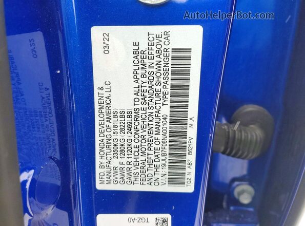 19UUB7F06NA001040 2022 ACURA TLX Blue ძრავის განყოფილების ხედი